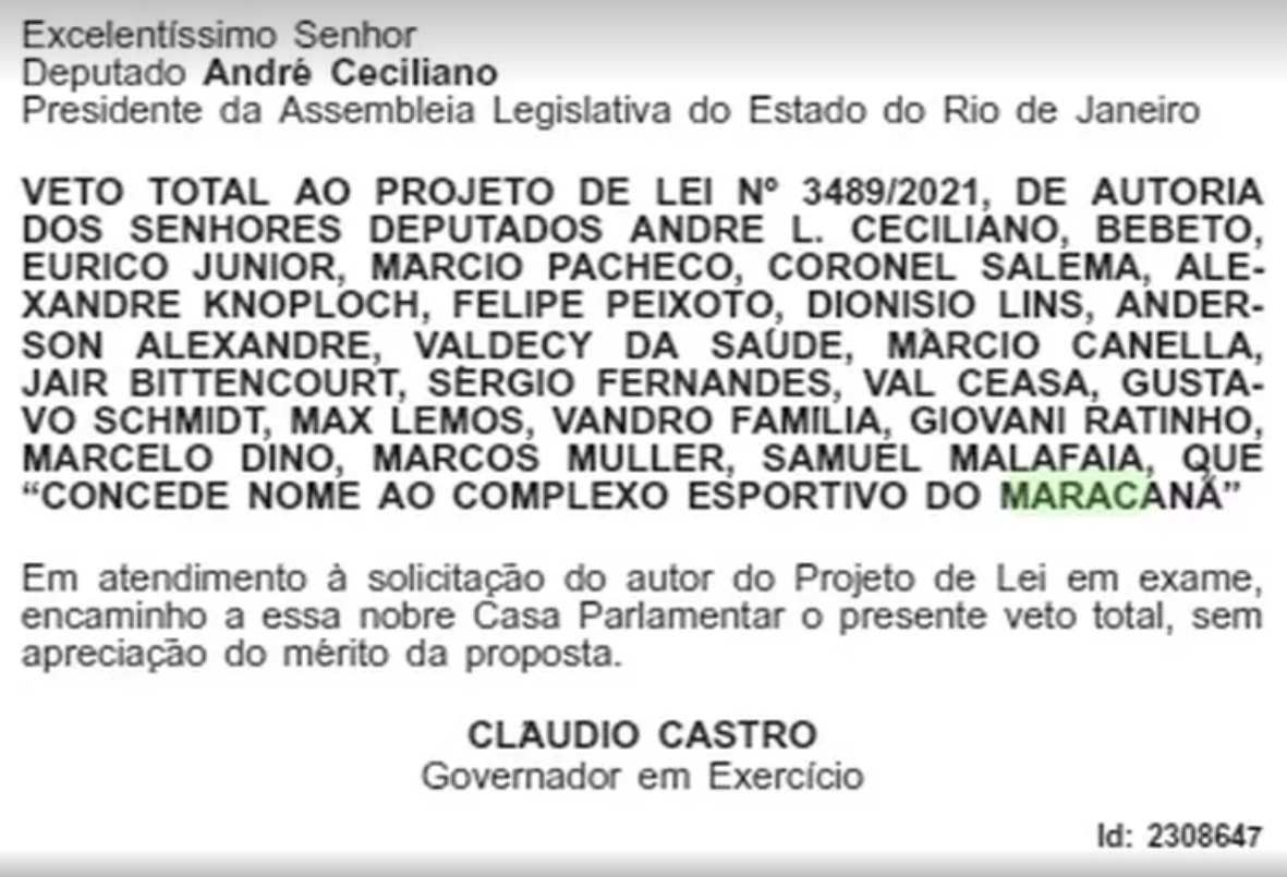 PL para mudar nome do Estadio Mario Filho vetado pelo governador Claudio Castro