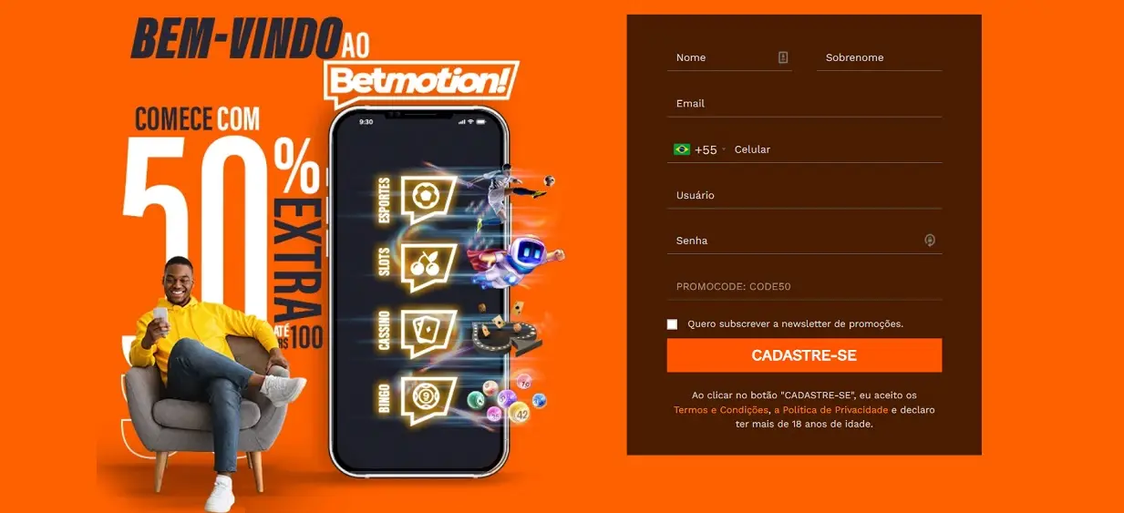 area de cadastro e oferta de bonus de 50 porcento no site betmotion