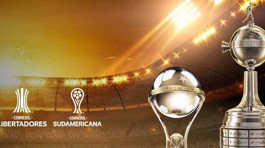 em destaque arte da Conmebol com troféus da Copa Libertadores e da Copa Sul-Americana 2021