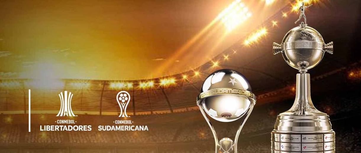 em destaque arte da Conmebol com troféus da Copa Libertadores e da Copa Sul-Americana 2021