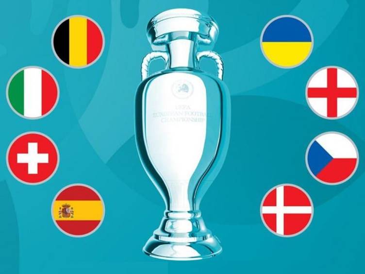 arte com troféu e seleções que disputam as quartas de final da euro 2020