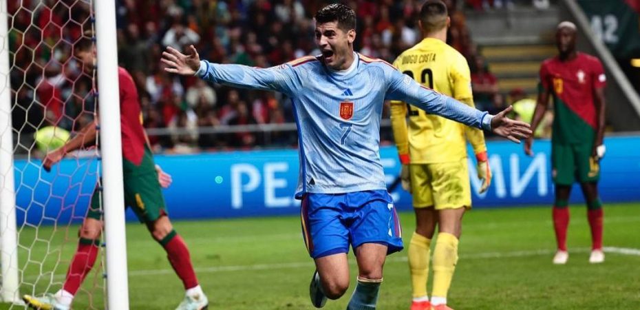 morata comemora gol da vitoria sobre portugal na nations league 2022-2023