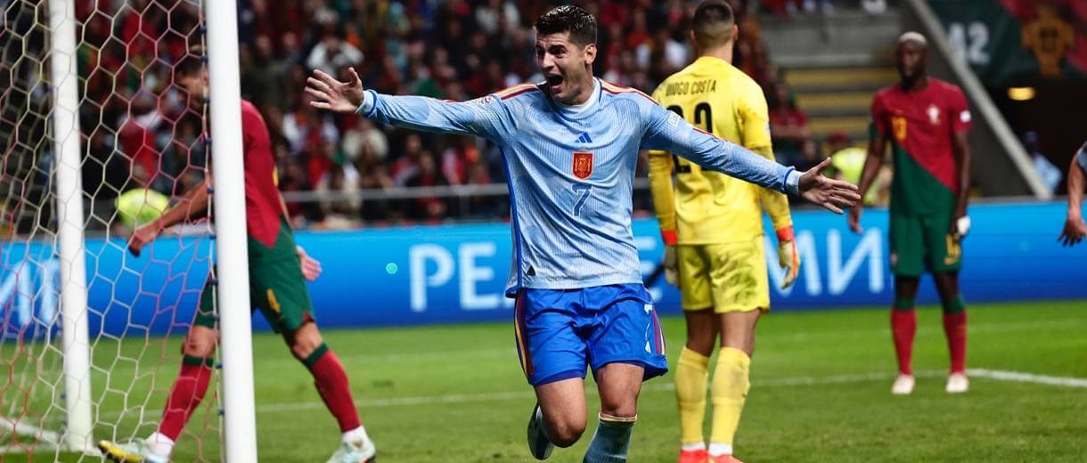 morata comemora gol da vitoria sobre portugal na nations league 2022-2023