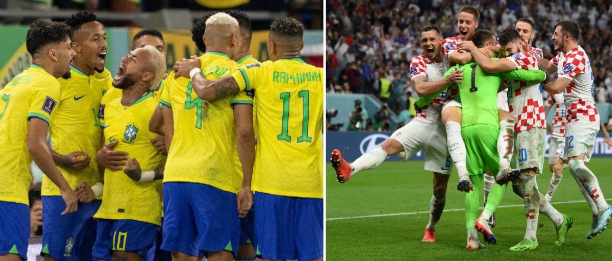 jogadores do brasil e da croacia celebrando nas oitavas da copa catar 2022