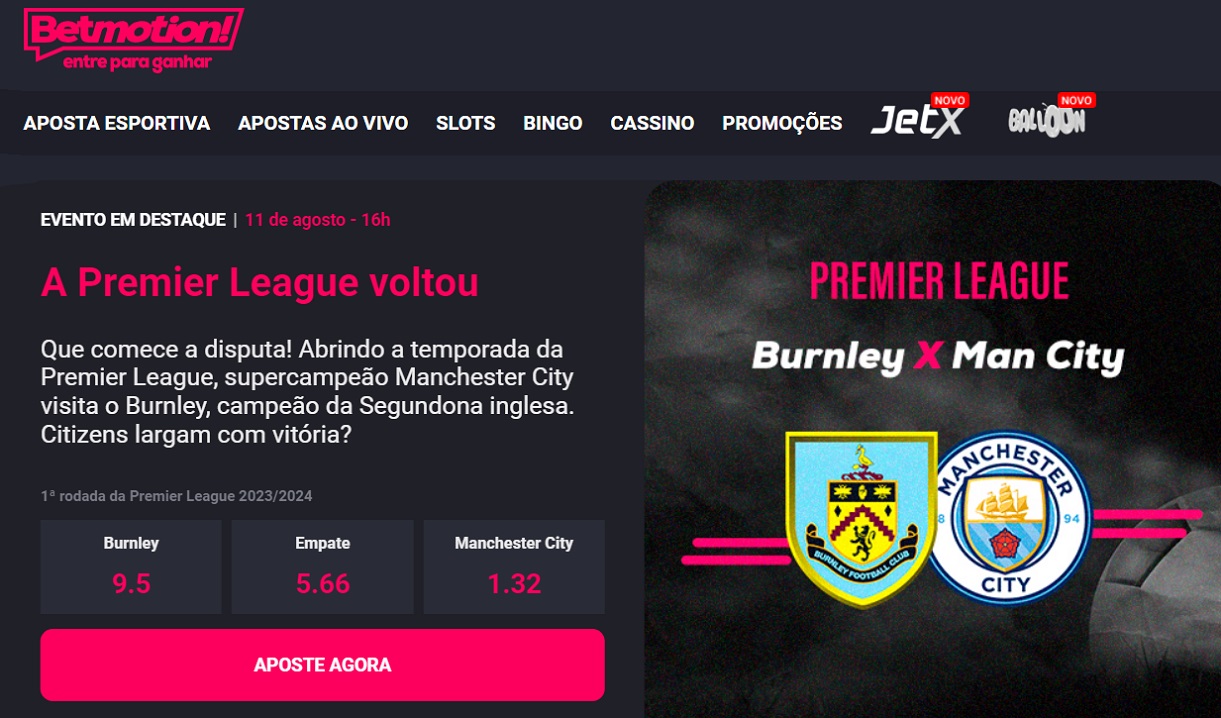 chamada para apostas no betmotion no jogo burnley x manchester city premier league rodada 1